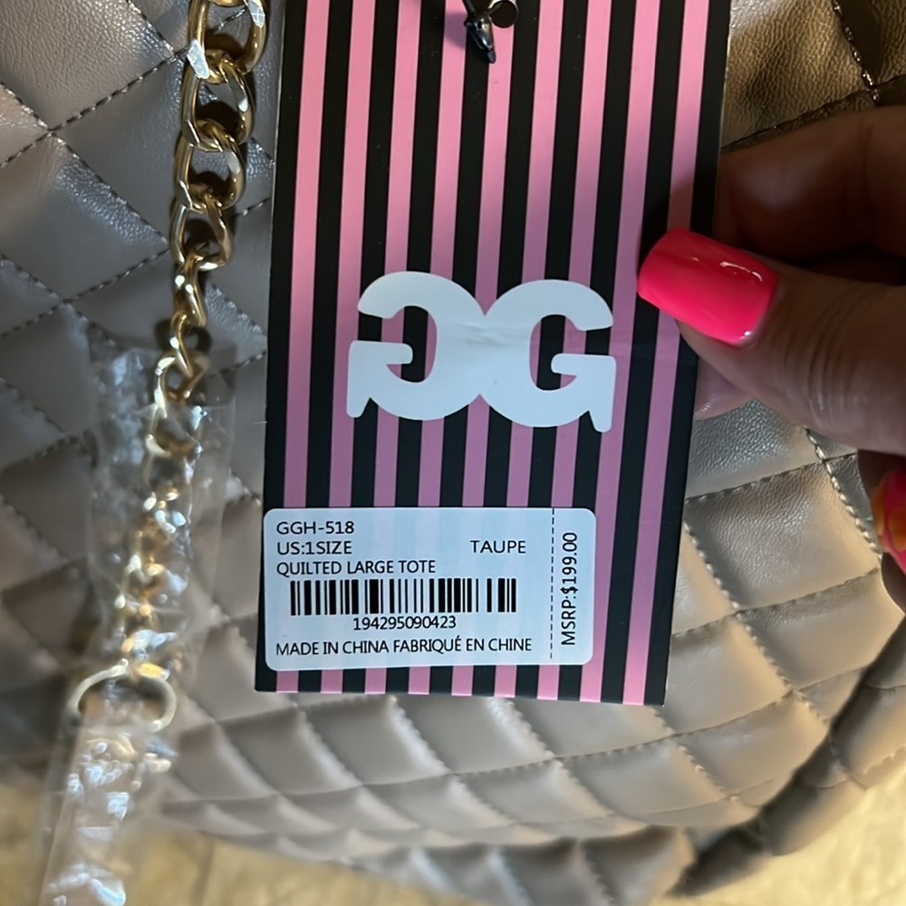 Gilda Paris Quilted Large Tote Bag Taupe with Chain Strap - Picture 2 of 3